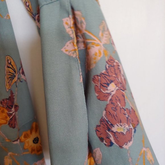 Free People oversized boho flowy top Size XS seafoam with pink & orange floral - Picture 2 of 14